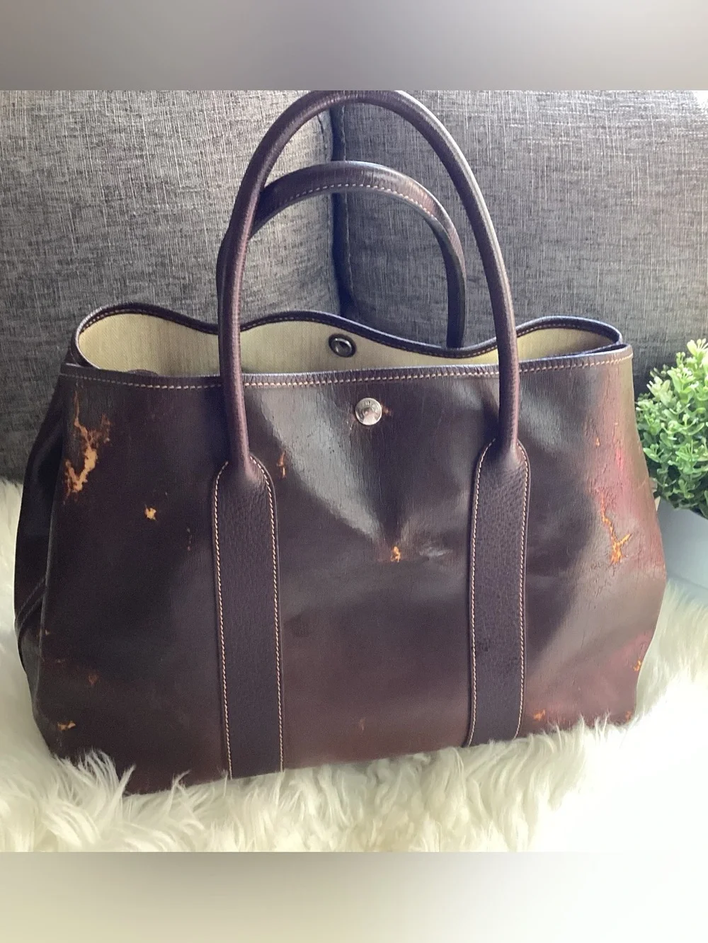 HERMES Amazonia Brown Buffalo Leather Garden Party MM Tote Bag